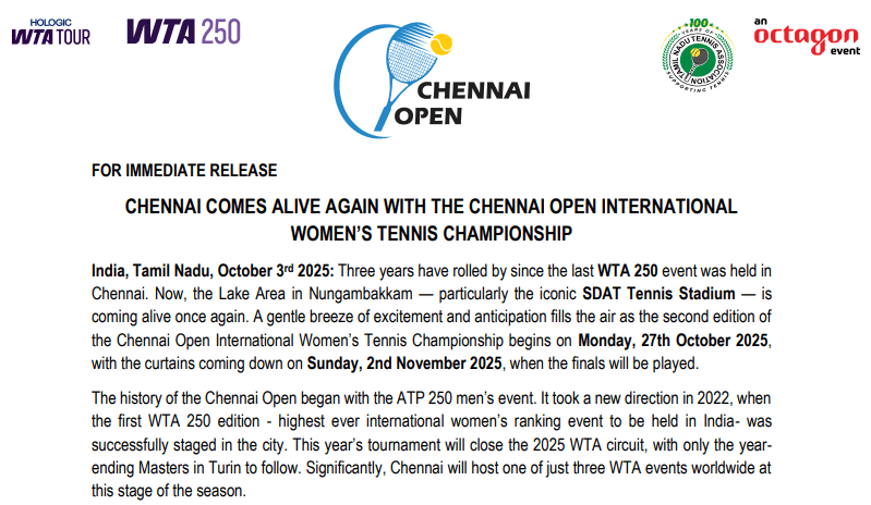 CHENNAI COMES ALIVE AGAIN WITH THE CHENNAI OPEN INTERNATIONAL WOMEN'S TENNIS CHAMPIONSHIP